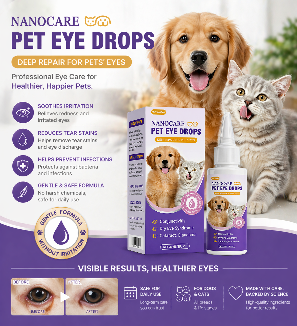 FluffPureWash Pet Eye Drops-Relieves Conjunctivitis, Dry Eyes, Cataracts, and Keratitis