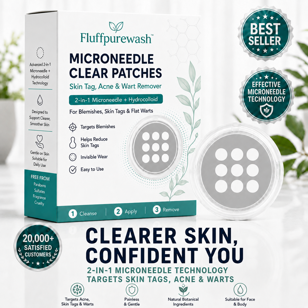 ✨Fluffpurewash®2-in-1 Microneedle & Hydrocolloid Patch🍀| Removes Raised Moles, Acne, Flat Warts & Skin Tags | Helps Improve Wrinkles, Scars & Blemishes | Invisible Patches for Face & Body