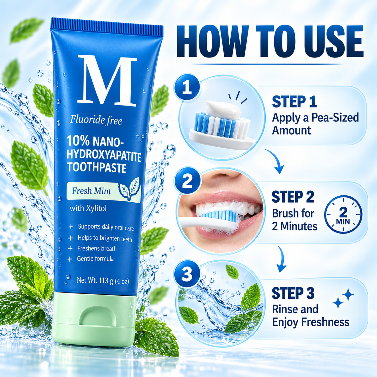 🔥🔥10% Nano-Hydroxyapatite Toothpaste✨ – Fluoride-Free, Fresh Mint, with Xylitol, 4 oz