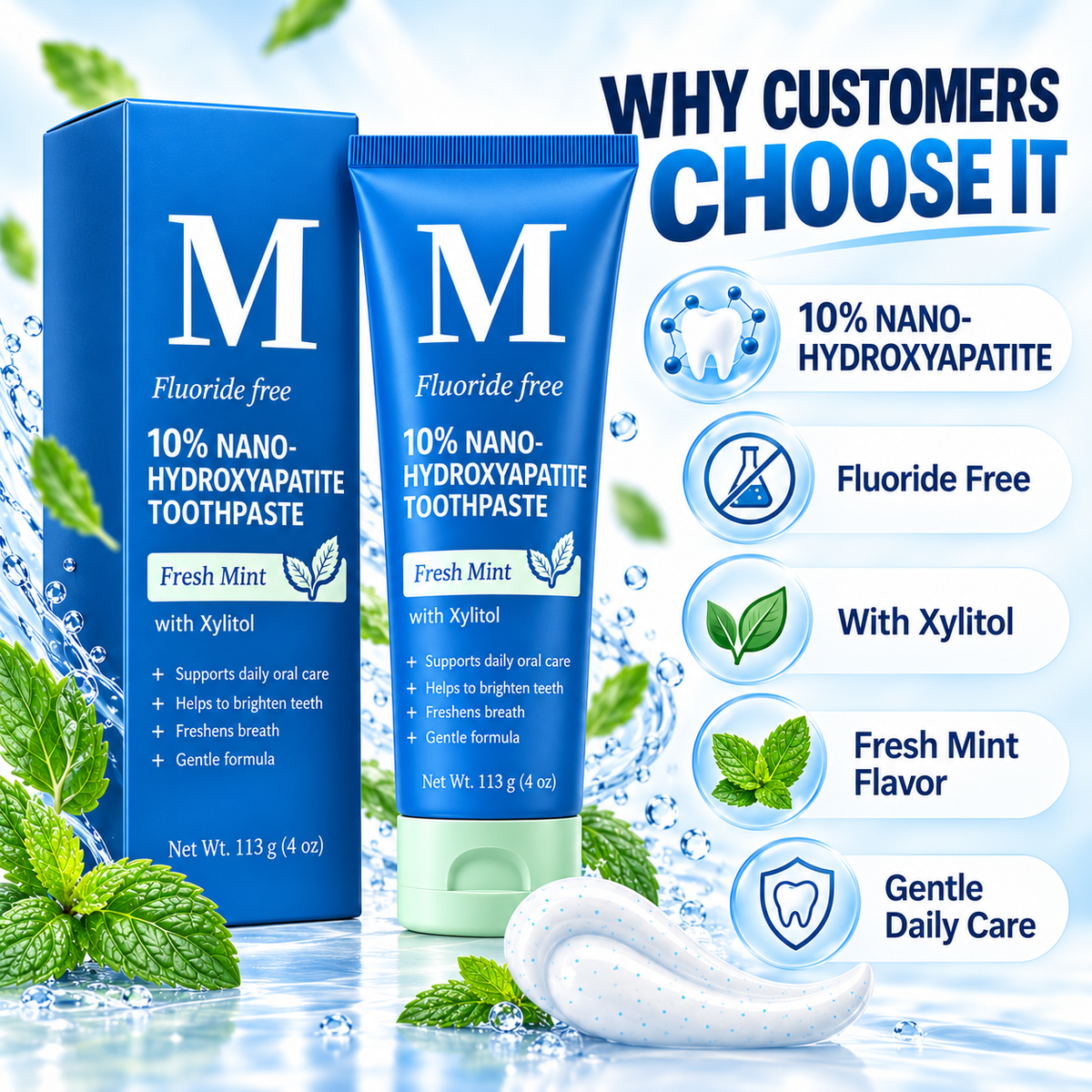🔥🔥10% Nano-Hydroxyapatite Toothpaste✨ – Fluoride-Free, Fresh Mint, with Xylitol, 4 oz