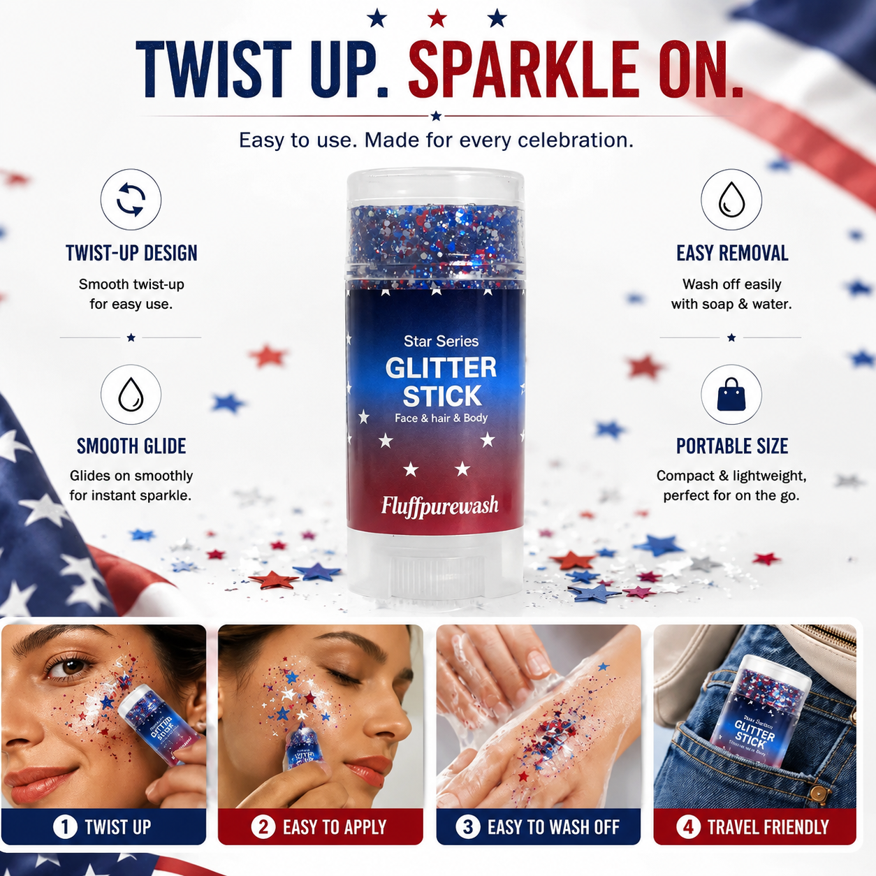 🦅Fluffpurewash 4th of July Glitter Stick✨Red, White & Blue Body & Hair Sparkle.