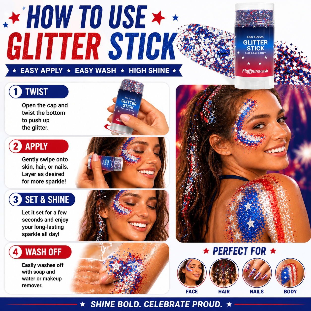 🦅Fluffpurewash 4th of July Glitter Stick✨Red, White & Blue Body & Hair Sparkle.