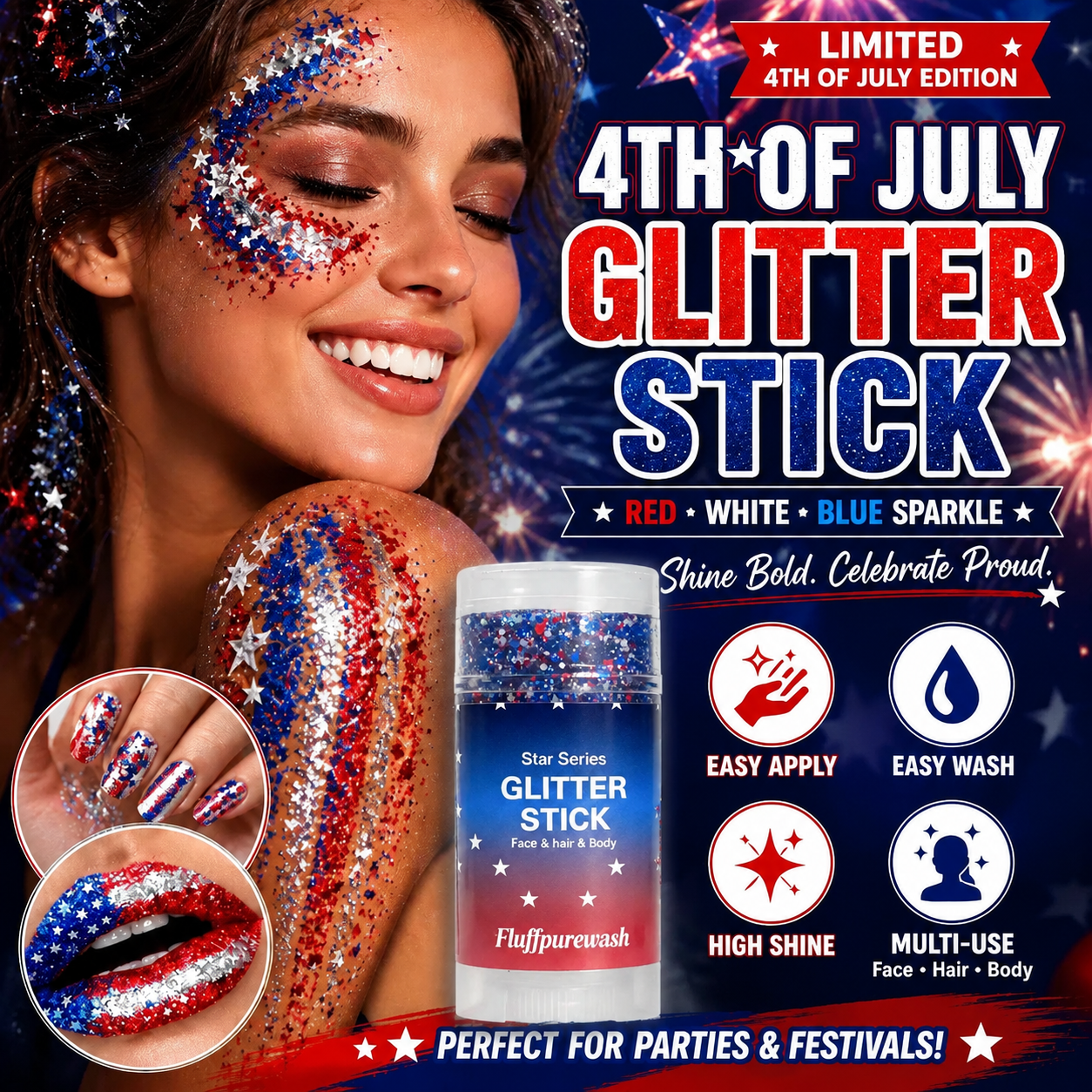 🦅Fluffpurewash 4th of July Glitter Stick✨Red, White & Blue Body & Hair Sparkle.
